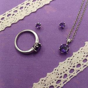 Set of amethyst 316L stainless steel ring, necklace & earrings